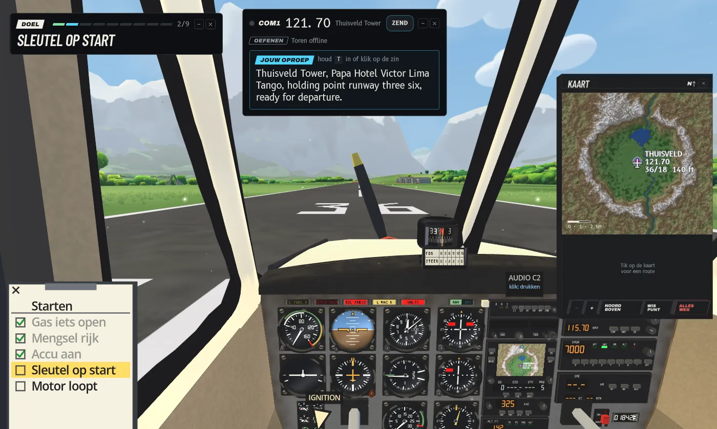 Cockpit view of the small plane lined up on the runway, with the start checklist open, the key step highlighted and an arrow pointing at the ignition.