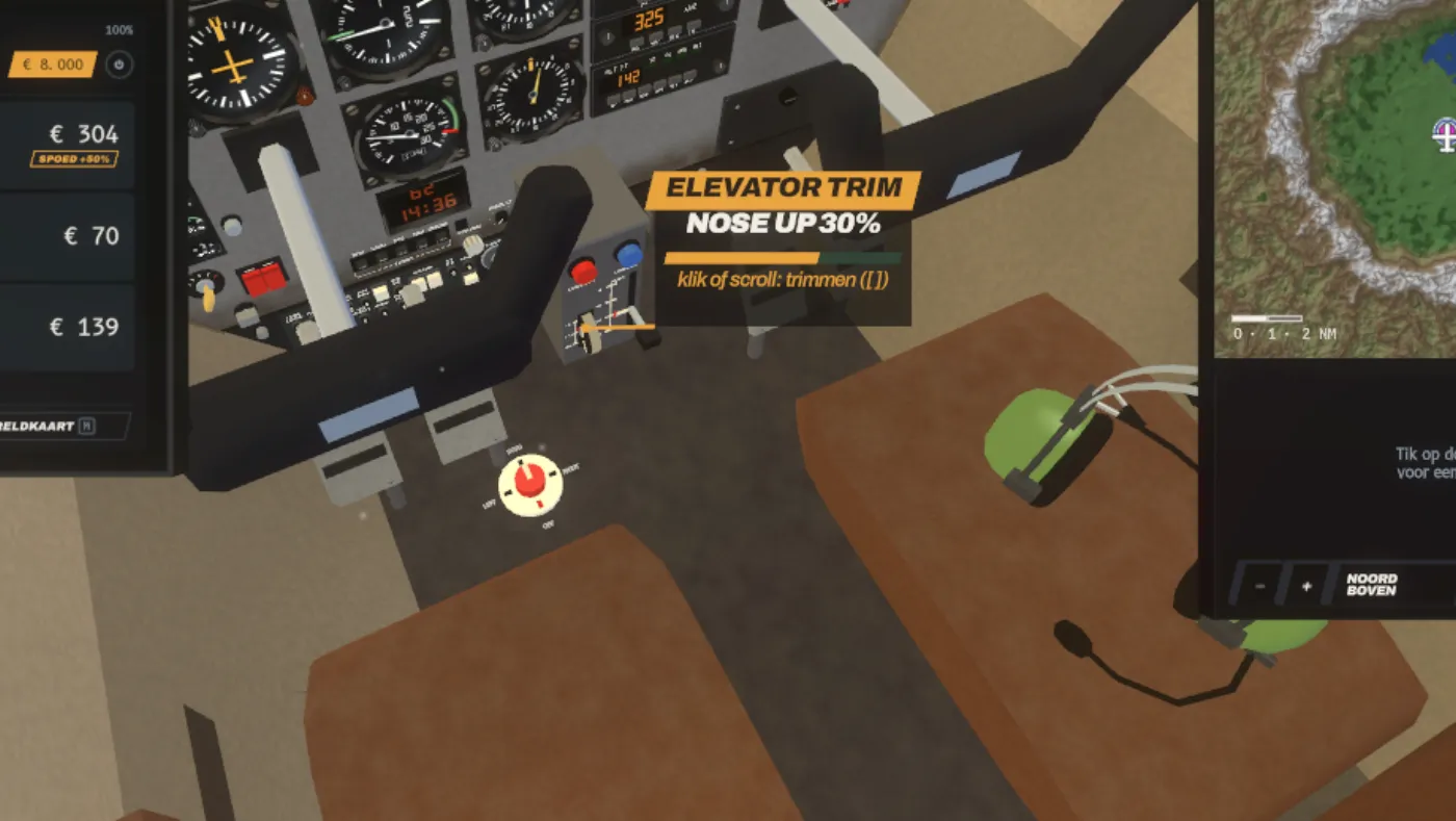 Cockpit view where a card labelled ELEVATOR TRIM on an amber stripe shows NOSE UP 30% with a meter, and a short line points to the trim wheel.