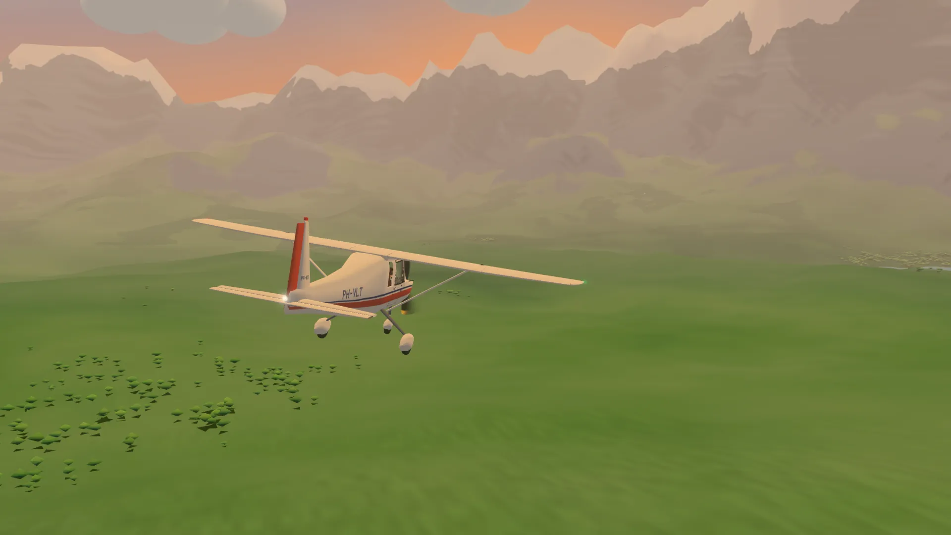 The plane seen from behind over the valley in the evening